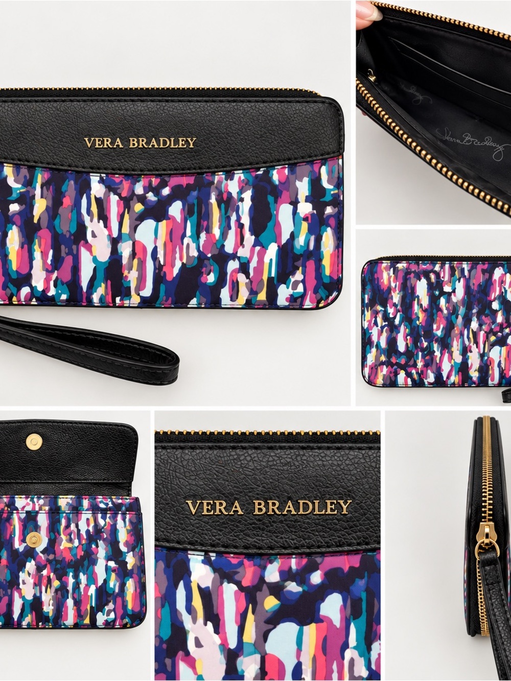 Vera Bradley Black Envelope Zip Wristlet in Watercolor Brushstrokes